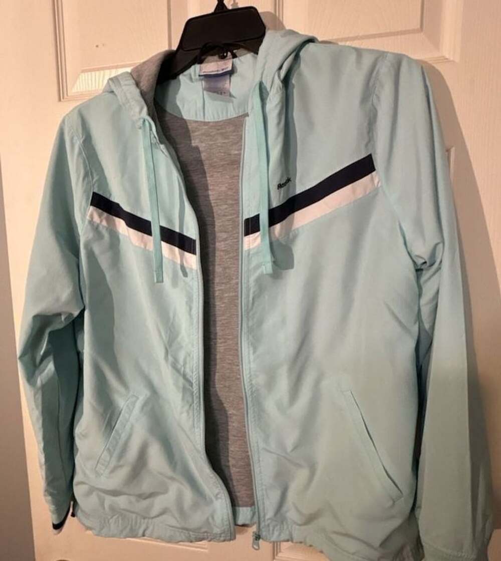 Reebok Light Blue Windbreaker Jacket Full Zip Hooded Track Coat with Navy and Wh
